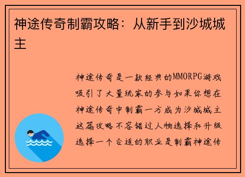 神途传奇制霸攻略：从新手到沙城城主